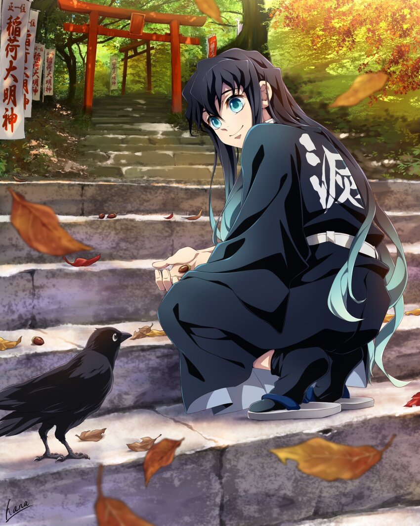 1boy acorn aqua_eyes aqua_hair autumn_leaves bird bishounen black_bird black_hair black_hakama black_socks closed_mouth crow demon_slayer_uniform from_behind hakama hana_ni_nare highres japanese_clothes kimetsu_no_yaiba leaf long_hair looking_at_animal male_focus multicolored_hair outdoors sandals smile socks solo squatting stairs stone_stairs tokitou_muichirou torii tree zouri