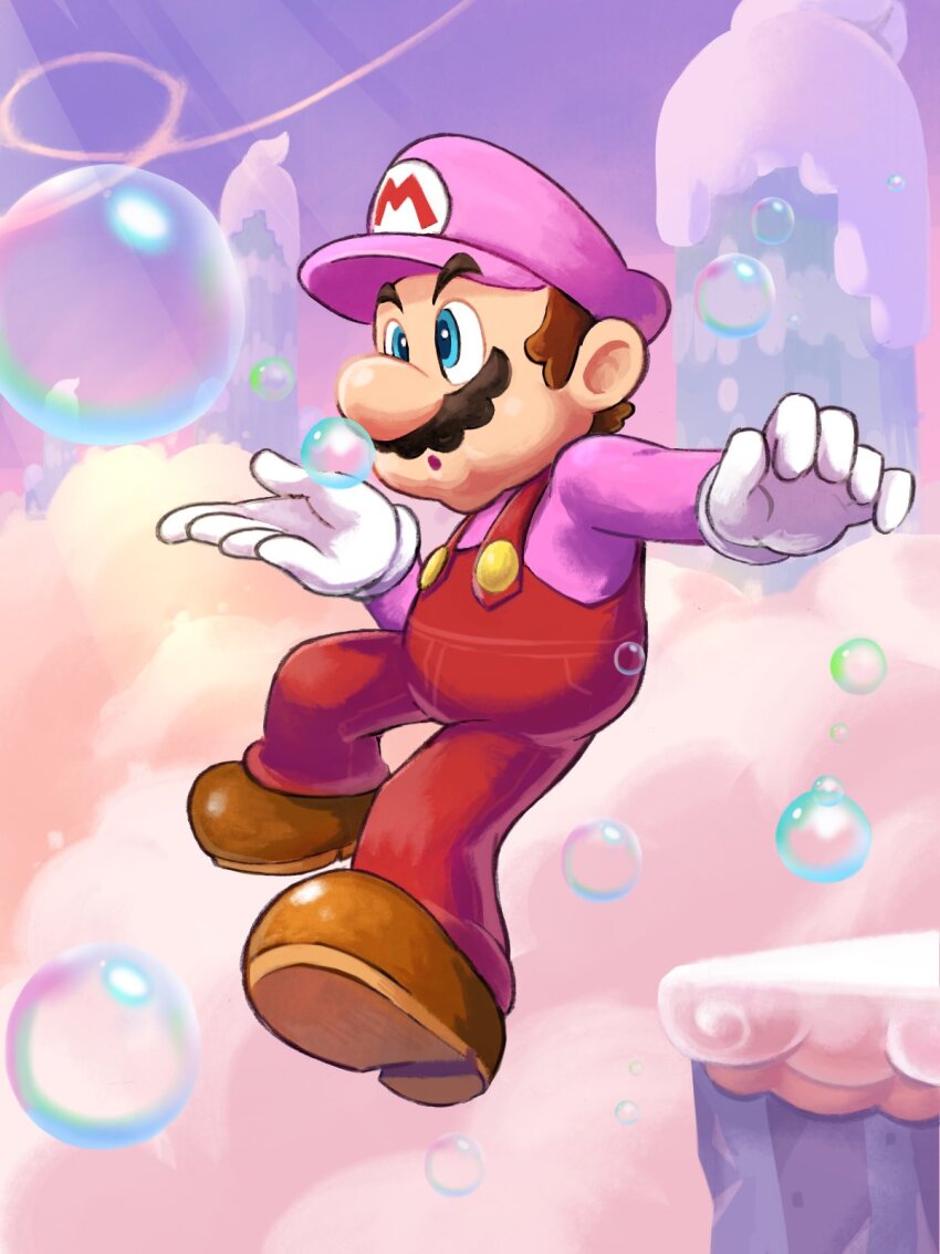 1boy :o blowing_bubbles blue_eyes brown_footwear brown_hair bubble bubble_mario buttons cloud facial_hair floating full_body gloves hand_up hat highres light_rays long_sleeves male_focus mario mario_(series) mustache nintendo open_mouth overalls pants parted_lips pink_hat pink_shirt purple_sky red_overalls red_pants shirt shoes short_hair sky solo super_mario_bros._wonder white_gloves ya_mari_6363