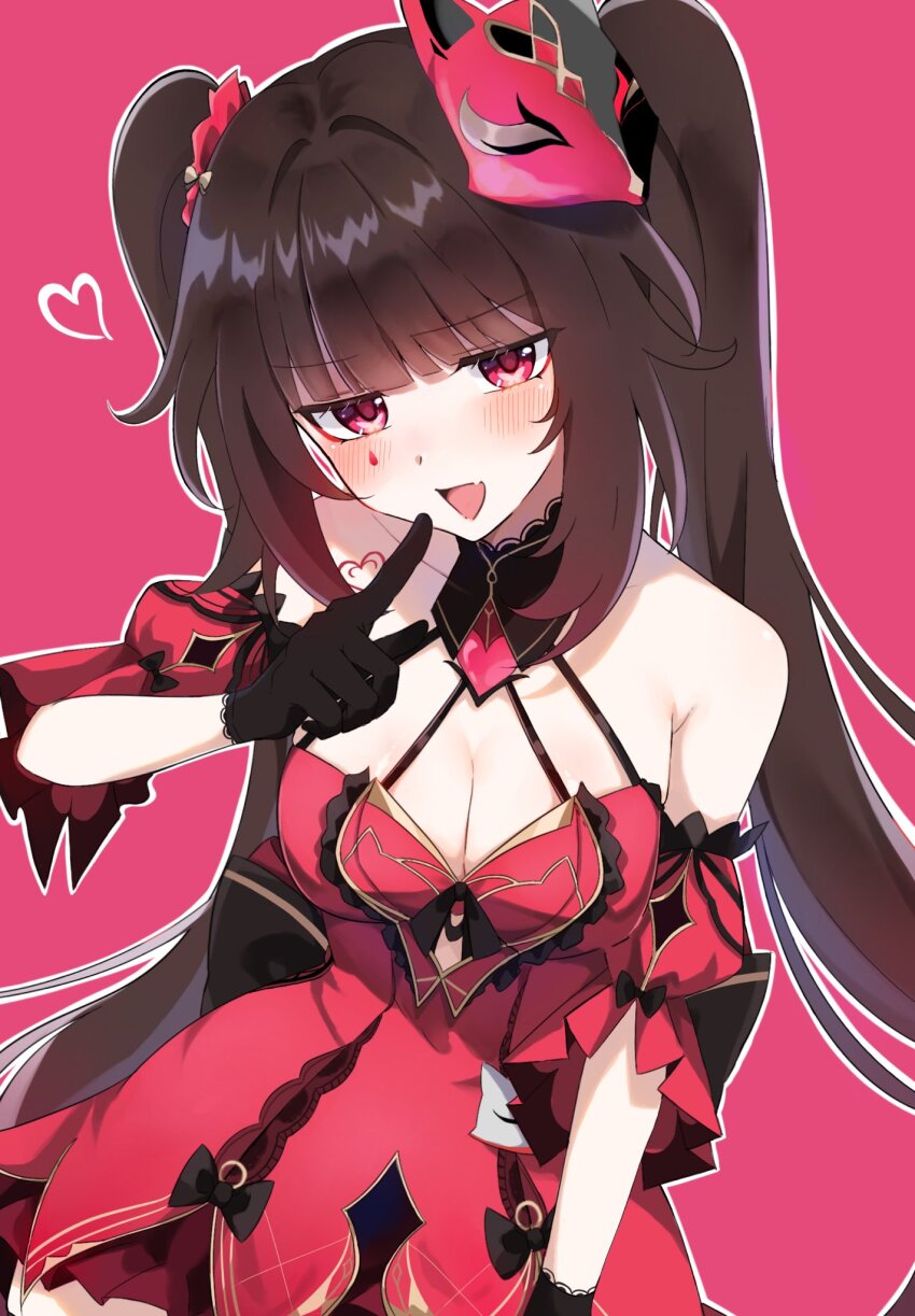 1girl alternate_breast_size bare_shoulders black_gloves black_hair breasts cleavage commentary_request dress fox_mask gloves heart heart_tattoo highres honkai:_star_rail honkai_(series) honkai_impact_3rd large_breasts long_hair mask mask_on_head official_alternate_costume open_mouth purple_eyes red_background red_dress solo sparkle_(fictitious_game)_(honkai:_star_rail) sparkle_(honkai:_star_rail) tattoo twintails upper_body yudemame1027