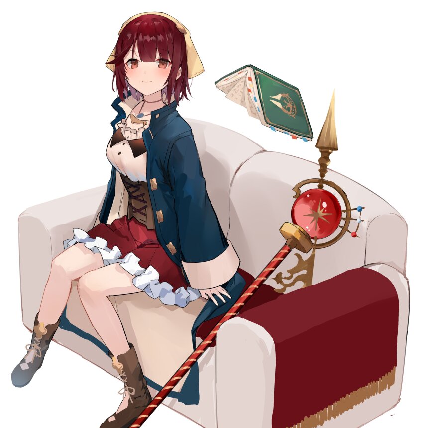 1girl absurdres atelier_(series) atelier_sophie blue_coat blush book breasts brown_corset brown_eyes brown_footwear coat corset couch frills hair_ornament headscarf highres jewelry long_coat long_sleeves looking_at_viewer medium_breasts necklace open_book red_hair red_skirt ryou_(ponpgo) short_hair sitting skirt smile solo sophie_neuenmuller staff