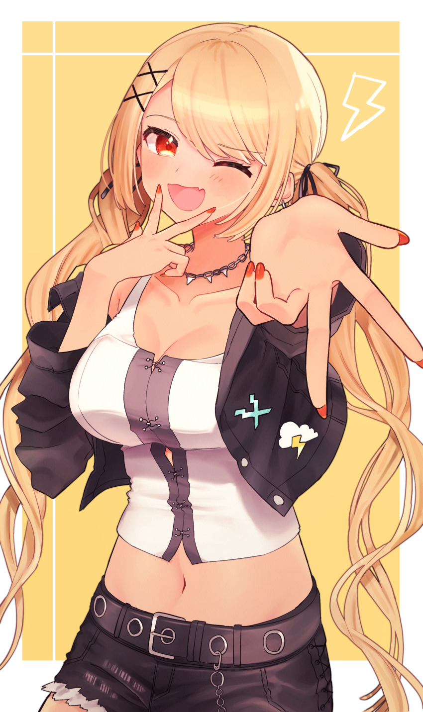 1girl absurdres asatsuki933 belt black_belt black_jacket black_ribbon black_shorts blonde_hair breasts chain chain_necklace cleavage cowboy_shot crop_top cropped_jacket dark_skin denim denim_shorts gyaru hair_ornament hair_ribbon highres jacket jewelry kaminari_qpi kaminari_qpi_(3rd_costume) kogal light_blush long_sleeves looking_at_viewer low_twintails midriff navel necklace one_eye_closed open_mouth parted_lips red_eyes red_nails ribbon shorts solo spiked_necklace tan tank_top twintails v_over_mouth virtual_youtuber vspo! x_hair_ornament yellow_background