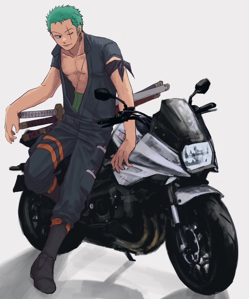 1boy ;) absurdres black_eyes black_footwear black_jumpsuit boots earrings green_hair hand_on_hilt haramaki highres jewelry jumpsuit leaning_against_motorcycle male_focus motor_vehicle motorcycle no_bangs one_eye_closed one_piece open_jumpsuit roronoa_zoro scar scar_across_eye sheath sheathed short_hair short_sleeves smile solo sword urasanmyaku weapon white_background