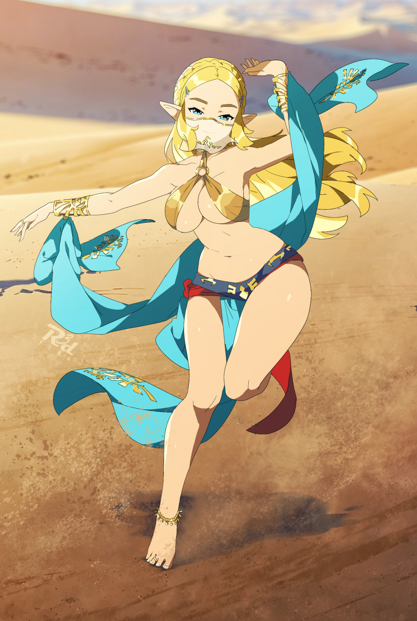 1girl absurdres anklet barefoot blonde_hair blue_eyes braid closed_mouth commission crown_braid dancer dancing desert full_body hair_ornament hairclip harem_outfit highres jewelry long_hair looking_at_viewer mouth_veil navel nintendo o-ring outdoors parted_bangs pelvic_curtain pointy_ears princess_zelda r3dfive see-through_clothes see-through_veil the_legend_of_zelda the_legend_of_zelda:_breath_of_the_wild veil wristlet