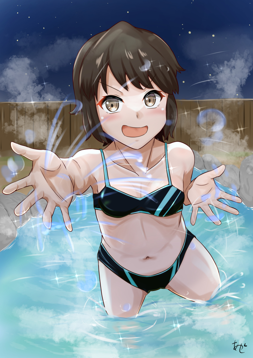 1girl akashieru artist_logo bikini black_bikini black_hair breasts cowboy_shot fence grey_eyes highres kantai_collection miyuki_(kancolle) navel night official_alternate_costume one-hour_drawing_challenge onsen open_mouth short_hair small_breasts smile solo splashing steam swimsuit wooden_fence