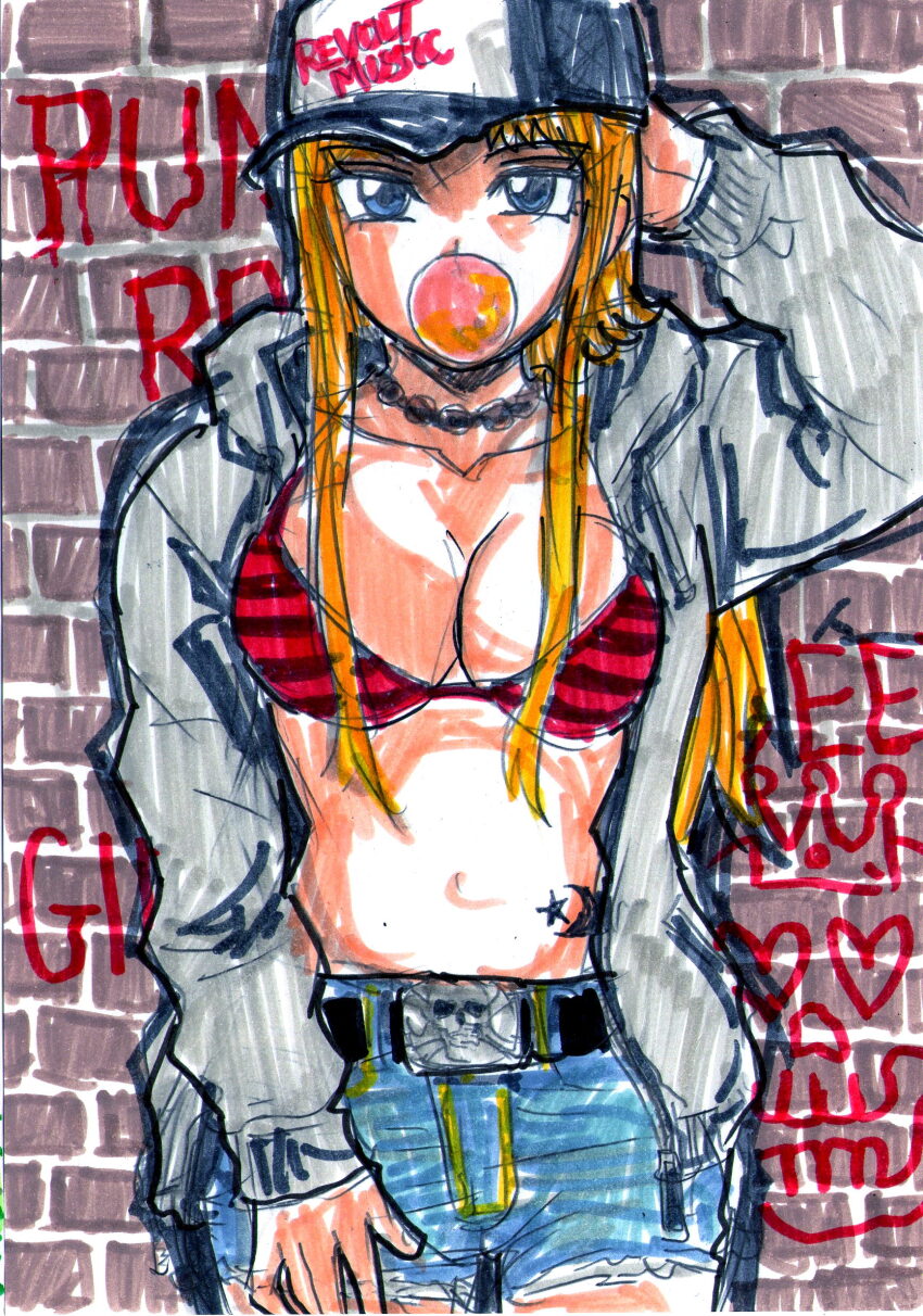 1girl arm_up baseball_cap belt bikini bikini_top_only black_belt black_hat blonde_hair blowing_bubbles blue_eyes blue_shorts breasts brick_wall chewing_gum cleavage clothes_writing collarbone crescent crescent_tattoo crown denim denim_shorts graffiti grey_hoodie hat heart hepburn_(pixiv_1033192) hood hoodie jewelry large_breasts long_hair long_sleeves looking_at_viewer marker_(medium) moon_tattoo navel necklace open_clothes open_hoodie original red_bikini shorts skull skull_and_crossbones standing star_(symbol) star_tattoo stomach_tattoo striped_bikini striped_clothes swimsuit tattoo traditional_media