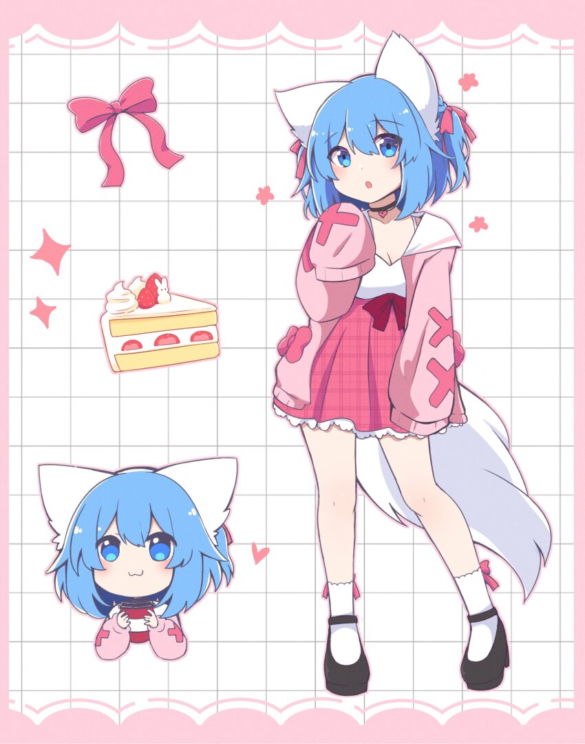 :3 absurdres animal_ear_fluff animal_ears blue_eyes blue_hair cake chibi chibi_inset dot_nose food full_body hair_ribbon highres indie_virtual_youtuber light_blush looking_at_viewer no_nose pale_skin pink_skirt ribbon short_hair skirt virtual_youtuber wolf_ears wolfychu wolfychu_(artist)