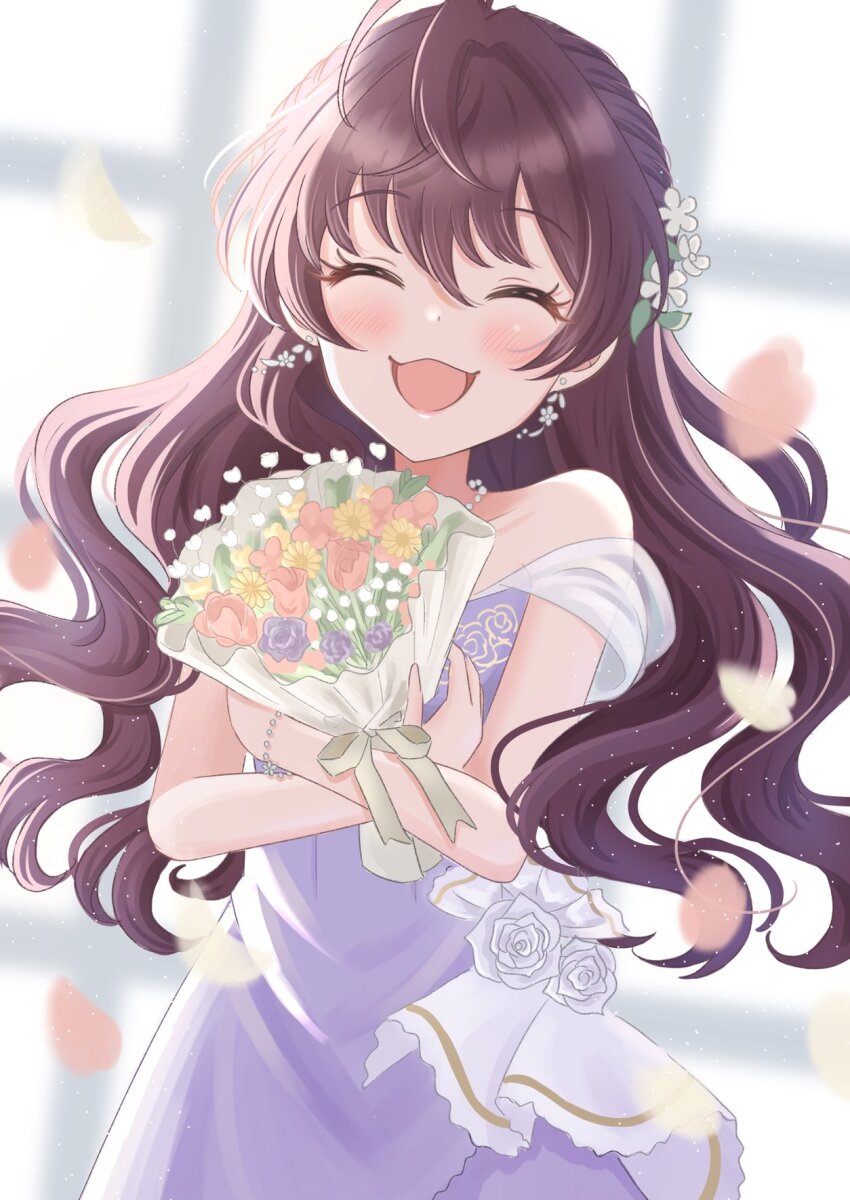 1girl :3 ahoge bare_arms bare_shoulders birthday blush bouquet bracelet brown_hair closed_eyes collarbone commentary_request cowboy_shot crossed_arms dress earrings eyelashes falling_petals floating_earring flower flower_earrings hair_between_eyes hair_flower hair_ornament hanilz highres holding holding_bouquet ichinose_shiki idolmaster idolmaster_cinderella_girls indoors jewelry long_bangs long_hair necklace off-shoulder_dress off_shoulder official_alternate_costume open_mouth petals purple_dress purple_flower red_flower ribbon sidelocks smile solo standing straight-on swept_bangs tongue wavy_hair white_flower white_ribbon window yellow_flower