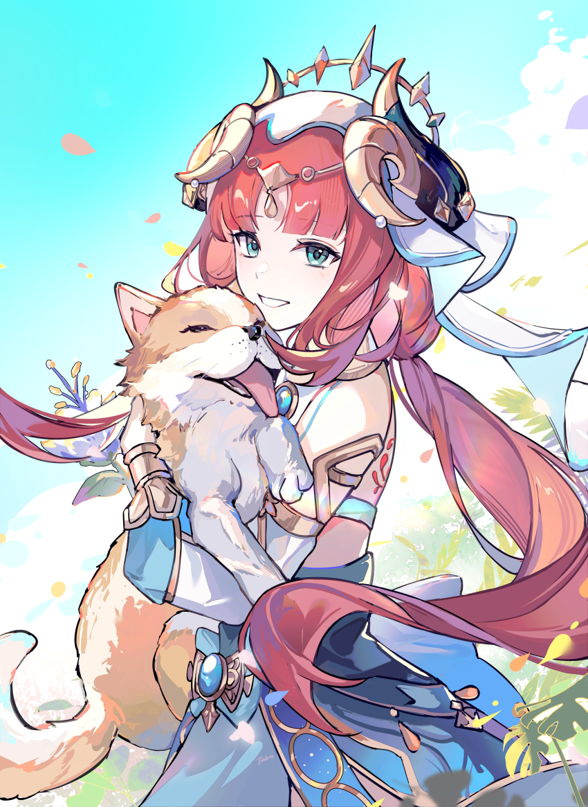 1girl absurdres animal back_tattoo blue_sky bracer circlet crackingtaro crop_top detached_sleeves dog falling_petals floating_hair genshin_impact grin harem_outfit highres holding holding_animal holding_dog horns hug long_hair long_sleeves nilou_(genshin_impact) petals puffy_long_sleeves puffy_sleeves skirt sky smile solo tattoo twintails vambraces veil vision_(genshin_impact)