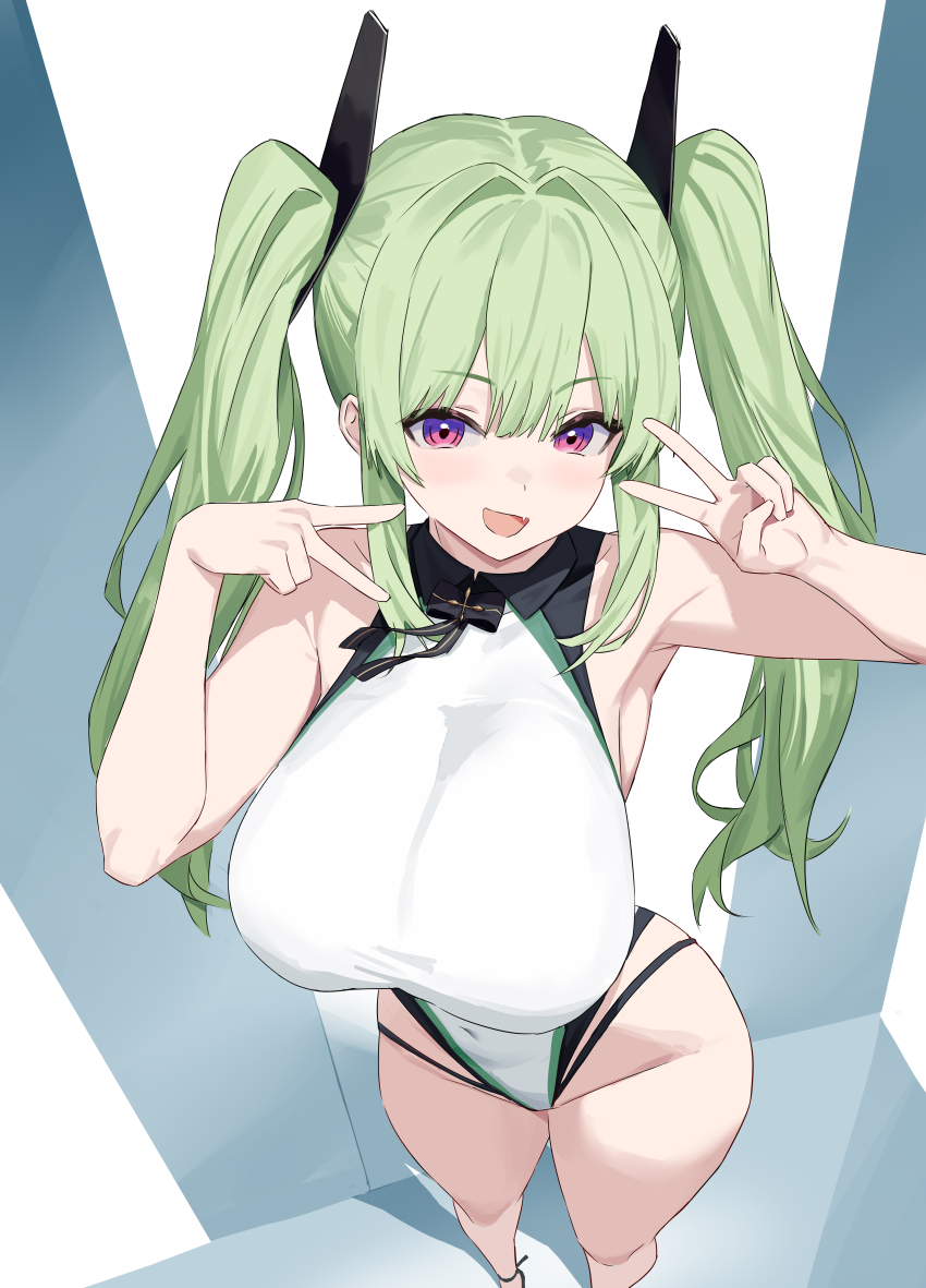 1girl absurdres armpits azur_lane breasts covered_navel double_v fang green_hair groin hair_intakes hands_up highres huge_breasts light_blush long_hair looking_at_viewer maggiore_baracca_(azur_lane) one-piece_swimsuit open_mouth purple_eyes skin_fang solo standing swimsuit twintails v white_one-piece_swimsuit youtanhuayuan255