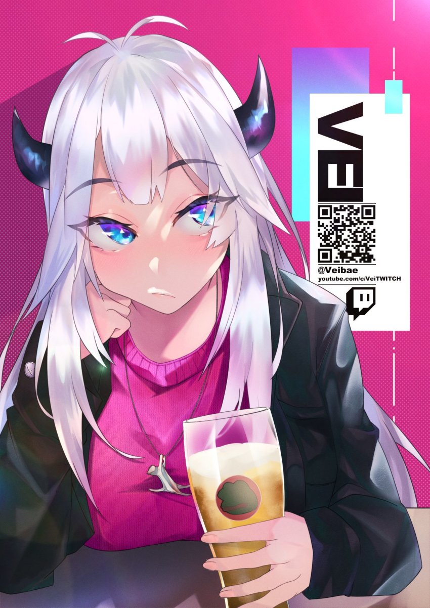 1girl alcohol alternate_costume beer black_jacket blue_eyes character_name clenched_hand cup highres holding holding_cup horns indie_virtual_youtuber jacket jewelry long_hair looking_to_the_side looking_up mugon/shizima necklace pink_sweater qr_code solo sweater twitch.tv twitter_username vei_(vtuber) virtual_youtuber watermark web_address white_hair