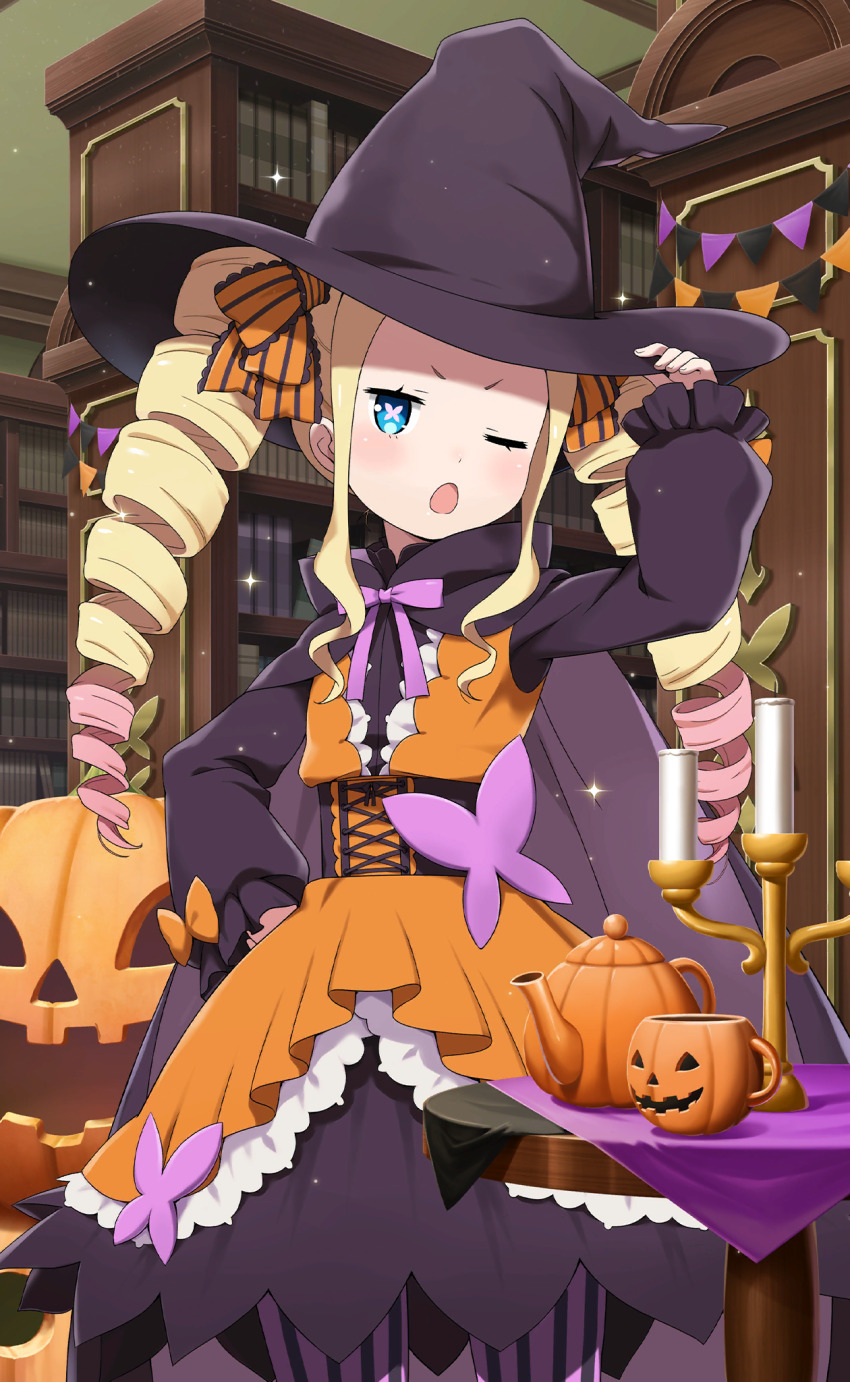 1girl adjusting_clothes adjusting_headwear beatrice_(re:zero) blonde_hair blue_eyes bow bowtie butterfly-shaped_pupils dress drill_hair frilled_sleeves frills gradient_hair hair_bow halloween halloween_costume hat highres indoors jack-o&#039;-lantern library long_hair long_sleeves looking_at_viewer multicolored_hair non-web_source official_alternate_costume official_art one_eye_closed open_mouth orange_bow orange_dress orange_ribbon pantyhose pink_hair pink_pupils purple_bow purple_bowtie re:zero_kara_hajimeru_isekai_seikatsu re:zero_kara_hajimeru_isekai_seikatsu:_lost_in_memories ribbon sidelocks striped_clothes striped_pantyhose symbol-shaped_pupils twin_drills v-shaped_eyebrows vertical-striped_clothes vertical-striped_pantyhose witch_hat