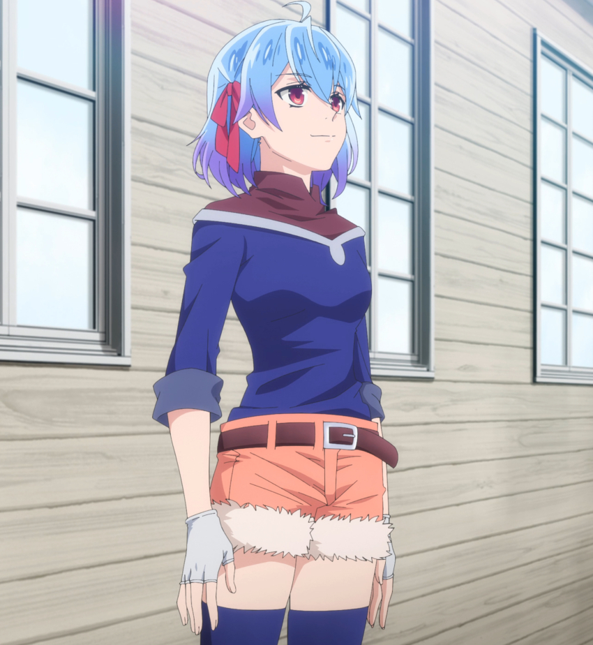 1girl absurdres ahoge anime_screenshot belt blue_hair blue_shirt blue_thighhighs breasts denim denim_shorts fingerless_gloves gloves hair_between_eyes hair_ribbon highres medium_breasts medium_hair red_eyes red_ribbon ribbon ruti_ragnason shin_no_nakama_janai_to_yuusha_no_party_wo_oidasareta_no_de_henkyou_de_slow_life_suru_koto_ni_shimashita shirt shorts sleeves_past_elbows smile stitched thighhighs thighs third-party_edit white_gloves