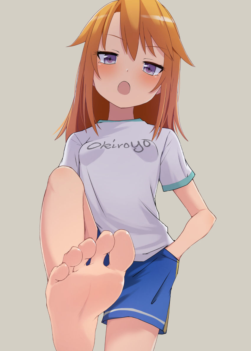 1girl aketa_chika barefoot blue_shorts blush breasts clothes_writing cowboy_shot feet female_focus foot_focus foreshortening hand_in_pocket highres idolmaster idolmaster_cinderella_girls looking_at_viewer medium_hair open_mouth orange_hair purple_eyes shorts small_breasts soles solo toes yuuki_haru