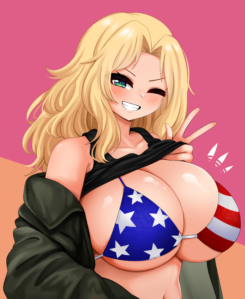 1girl absurdres alternate_breast_size american_flag american_flag_bikini american_flag_print bare_shoulders bikini black_shirt blonde_hair blush breasts clothes_lift clothes_pull collarbone commentary english_commentary flag_print girls_und_panzer green_eyes green_jacket grin hand_up highres holding huge_breasts jacket kay_(girls_und_panzer) long_hair looking_at_viewer navel off_shoulder one_eye_closed open_mouth orange_background pink_background print_bikini shirt shirt_lift smile solo swimsuit teeth the_only_shoe two-tone_background upper_body v