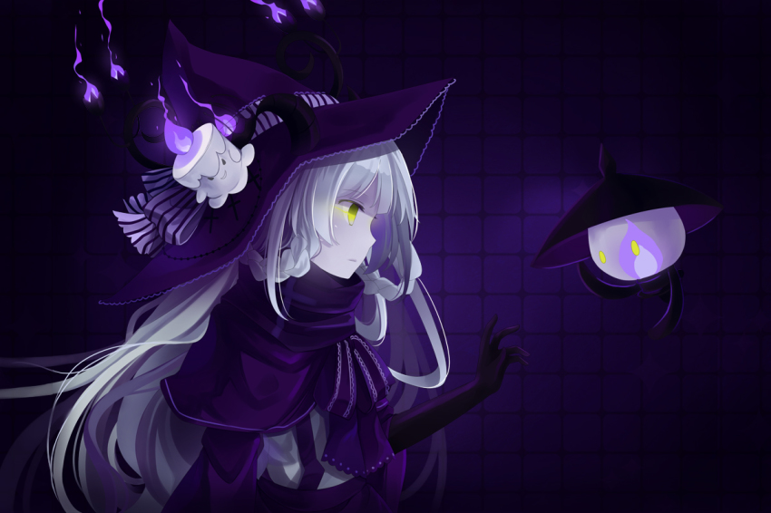 1girl braid candle chandelure fire hat hitsu hitsukuya lampent litwick long_hair personification ribbon silver_hair witch witch_hat yellow_eyes