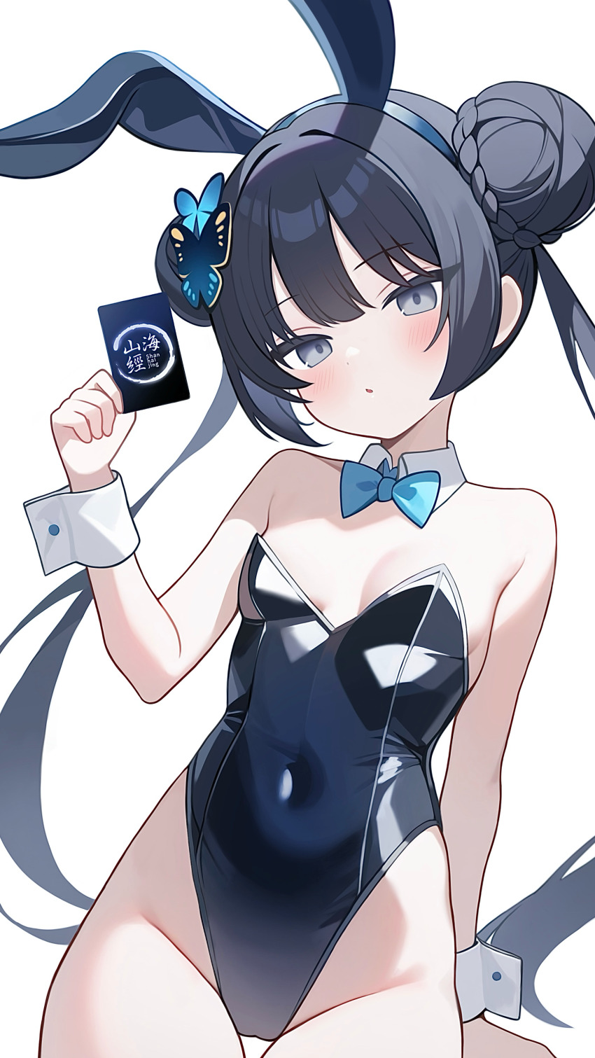 1girl absurdres animal_ears bare_legs black_hair black_leotard blue_archive blue_bow blue_bowtie bow bowtie braid braided_bun breasts butterfly_hair_ornament card covered_navel detached_collar double_bun fuminshou_(nekopan_art) hair_bun hair_ornament highleg highleg_leotard highres holding holding_card kisaki_(blue_archive) leotard long_hair playboy_bunny rabbit_ears simple_background small_breasts solo strapless strapless_leotard white_background wrist_cuffs