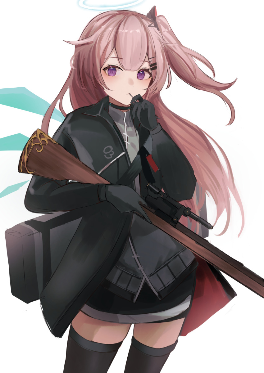 1girl ambriel_(arknights) arknights azuazu_0405 black_gloves black_jacket black_skirt blue_wings bolt_action closed_mouth detached_wings gloves gun hair_ornament hairclip hand_up highres holding holding_gun holding_weapon jacket lee-enfield long_hair one_side_up open_clothes open_jacket pink_hair purple_eyes rifle scope simple_background skirt solo standing thighhighs very_long_hair weapon white_background wings