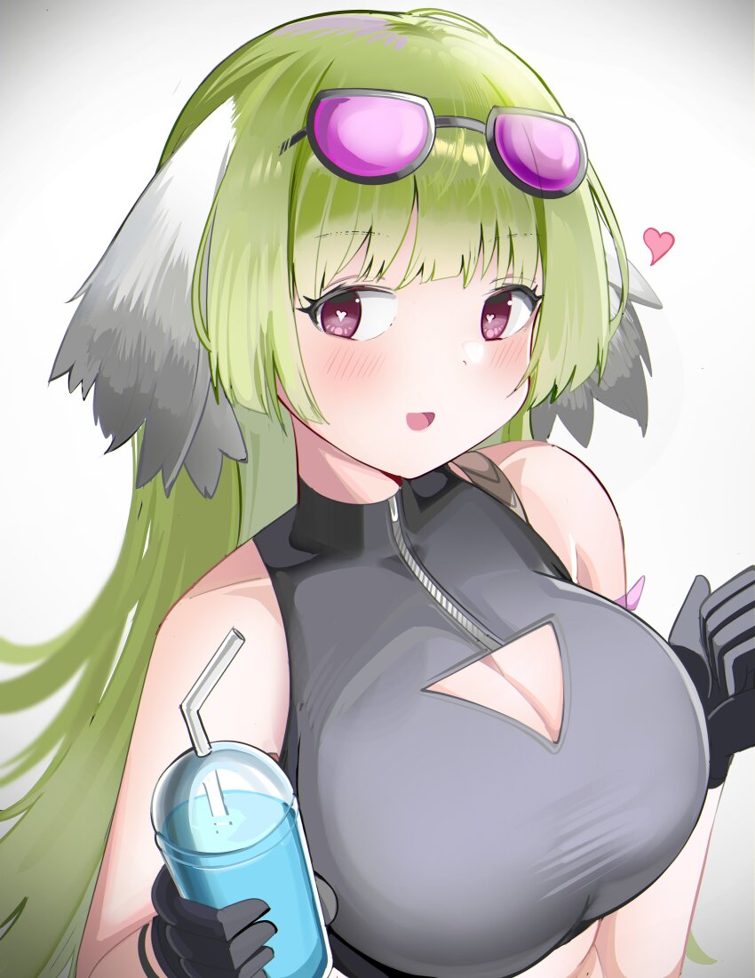 1girl :d absurdres arknights bare_shoulders black_gloves blush breasts cleavage cleavage_cutout clothing_cutout drink drinking_straw eyewear_on_head gloves green_hair grey_background heart heart-shaped_pupils highres holding holding_drink large_breasts long_hair looking_at_viewer official_alternate_costume open_mouth pink-tinted_eyewear pink_eyes poncirus_(arknights) poncirus_(to_rest_in_night_breezes)_(arknights) smile solo spam_(spamham4506) symbol-shaped_pupils tinted_eyewear upper_body zipper