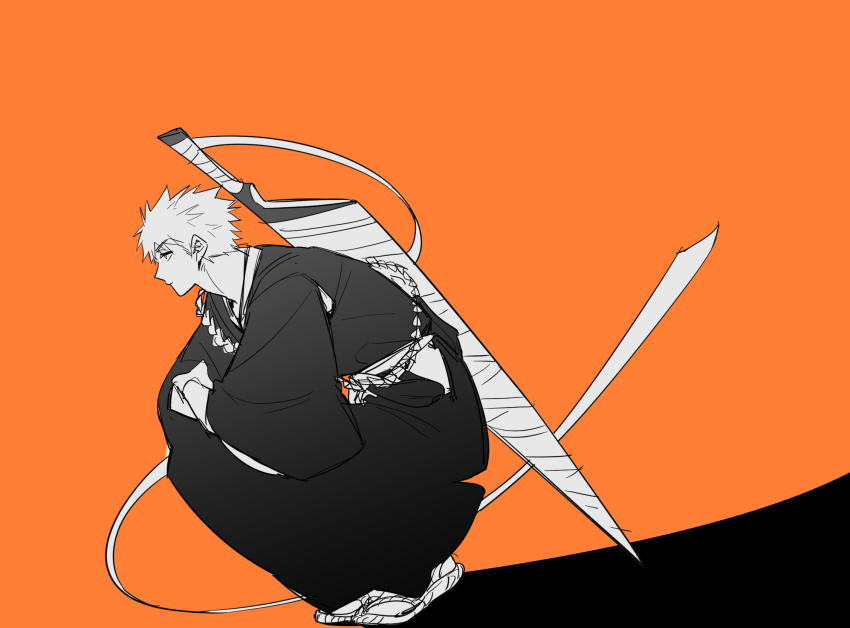 1boy black_kimono bleach closed_mouth expressionless full_body ghost_the greyscale_with_colored_background highres japanese_clothes kimono kurosaki_ichigo leaning_forward long_sleeves looking_ahead male_focus orange_background profile short_hair simple_background sketch solo spiked_hair squatting sword weapon wide_sleeves zangetsu_(shikai)