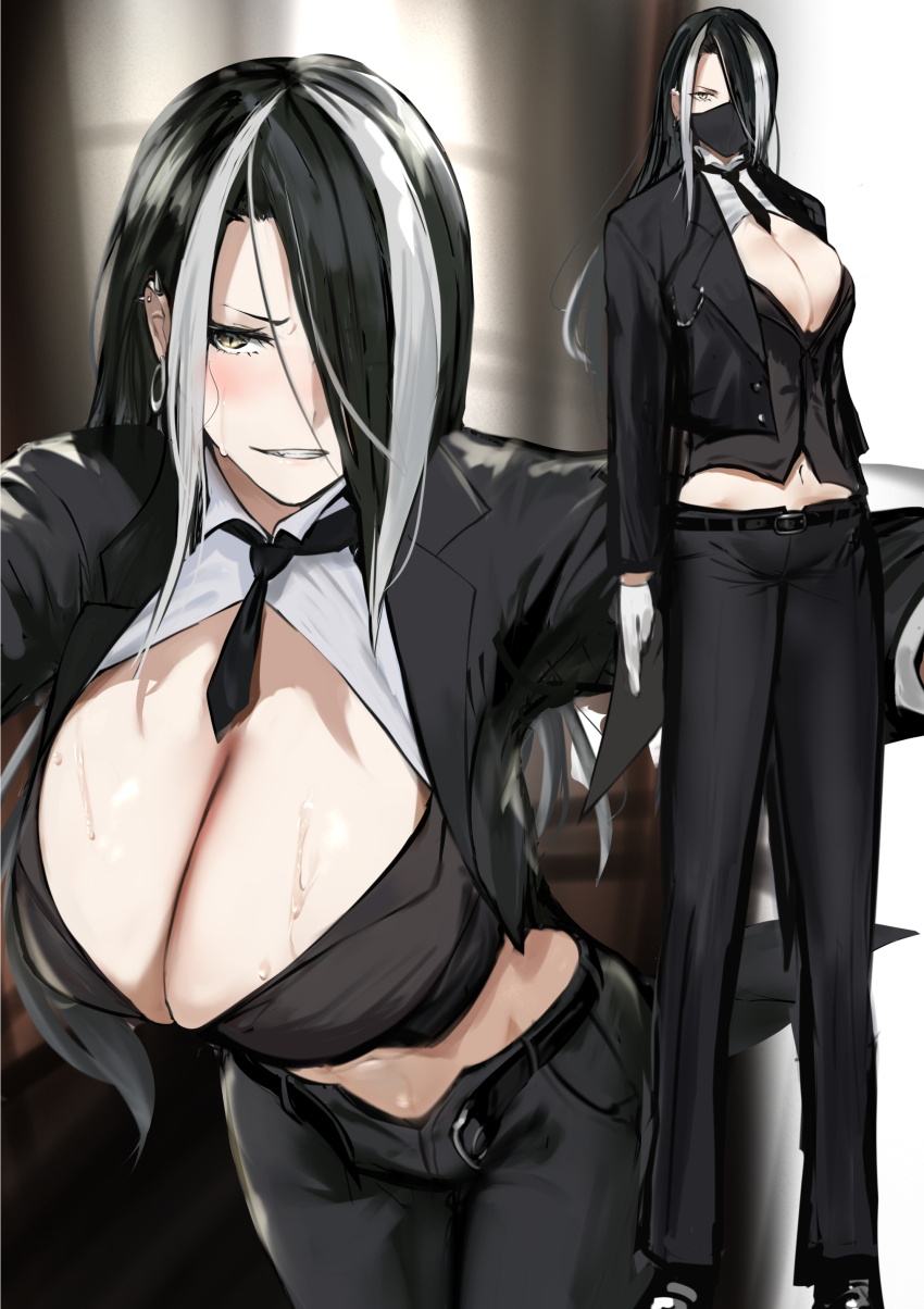 1girl absurdres asymmetrical_bangs belt black_belt black_hair black_jacket black_mask black_necktie black_pants black_shirt black_suit blush breasts butler cleavage commentary covered_mouth ear_piercing earrings eyelashes feet_out_of_frame female_butler formal_clothes furrowed_brow gloves grin hair_over_one_eye highres hoop_earrings jacket jewelry jikihatiman large_breasts leaning_forward long_hair looking_at_viewer mask midriff mouth_mask multicolored_hair multiple_views navel necktie open_belt open_clothes open_fly open_jacket original paid_reward_available pants piercing shirt short_necktie shrug_(clothing) smile solo standing streaked_hair suit sweat two-tone_hair white_gloves white_hair white_shirt yellow_eyes