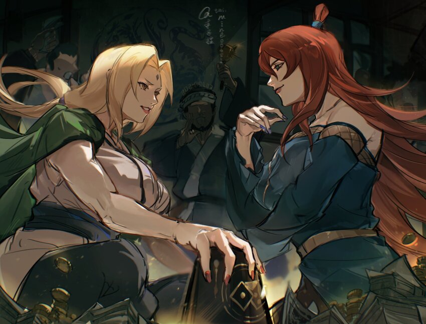 2girls arm_up bare_arms bare_shoulders black_background blonde_hair blue_dress breasts brown_eyes closed_mouth couple detached_sleeves dress forehead_jewel green_eyes hair_between_eyes hand_up high_ponytail highres holding indoors japanese_clothes large_breasts long_hair looking_at_another low_ponytail mature_female mine00451 multiple_girls multiple_others naruto_(series) parted_bangs parted_lips pink_lips purple_nails red_hair red_lips red_nails short_ponytail sitting smirk terumi_mei tsunade_(naruto) wavy_hair wide_sleeves yuri