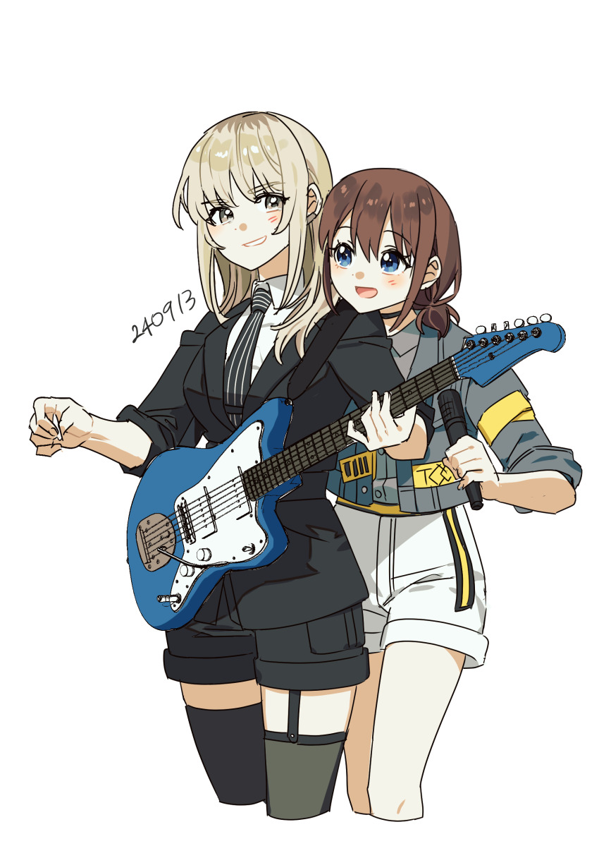 2girls absurdres belt black_choker black_jacket black_necktie black_shorts black_thighhighs blue_eyes blue_jacket blue_shirt blush brown_hair choker collared_shirt commentary_request cropped_legs dated electric_guitar fender_jazzmaster garter_straps girls_band_cry grey_eyes grey_hair guitar habsida_(habsida_hpy) hair_between_eyes highres holding holding_guitar holding_instrument holding_microphone holding_plectrum instrument iseri_nina jacket kawaragi_momoka long_hair low_twintails microphone multicolored_hair multiple_girls necktie open_clothes open_jacket open_mouth photo-referenced plectrum roots_(hair) shirt short_hair short_twintails shorts sidelocks simple_background striped_necktie thighhighs three-quarter_sleeves tie_clip twintails white_background white_shirt yellow_belt