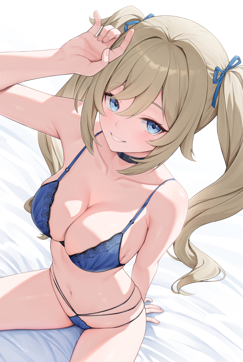 1girl absurdres arm_support arm_up barbara_(genshin_impact) black_choker blonde_hair blue_bra blue_eyes blue_panties blue_ribbon blush bra breasts choker cleavage genshin_impact hair_between_eyes hair_ribbon highres large_breasts long_hair looking_at_viewer navel paid_reward_available panties ribbon rosumerii sitting skindentation smile solo stomach twintails underwear underwear_only