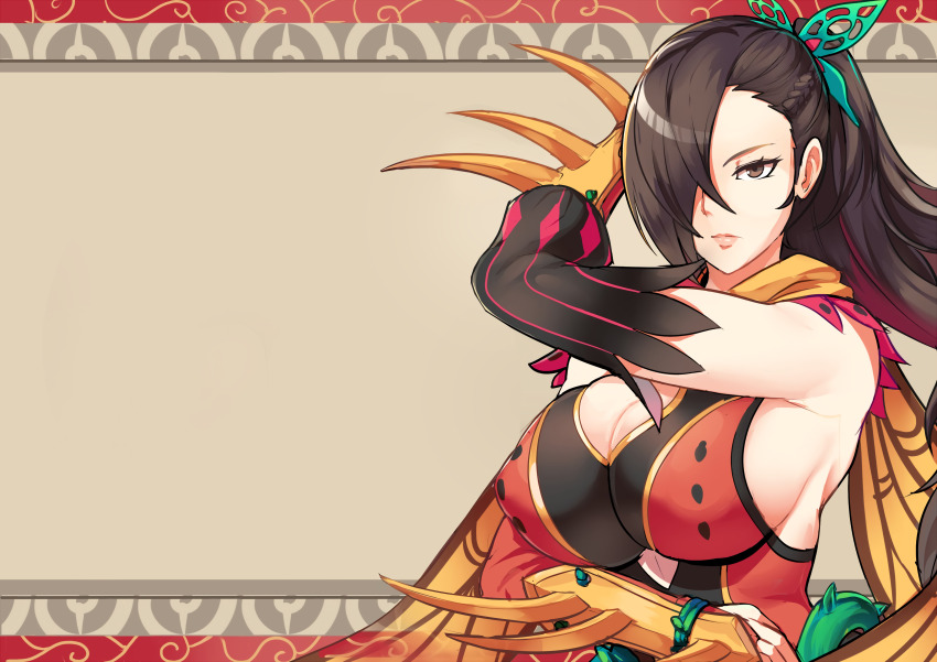 1girl absurdres alternate_costume breasts brown_eyes brown_hair fire_emblem fire_emblem_fates fire_emblem_heroes hair_between_eyes hair_over_one_eye highres kagero_(fire_emblem) large_breasts long_hair ninja nintendo parted_lips ponytail revolverwing solo