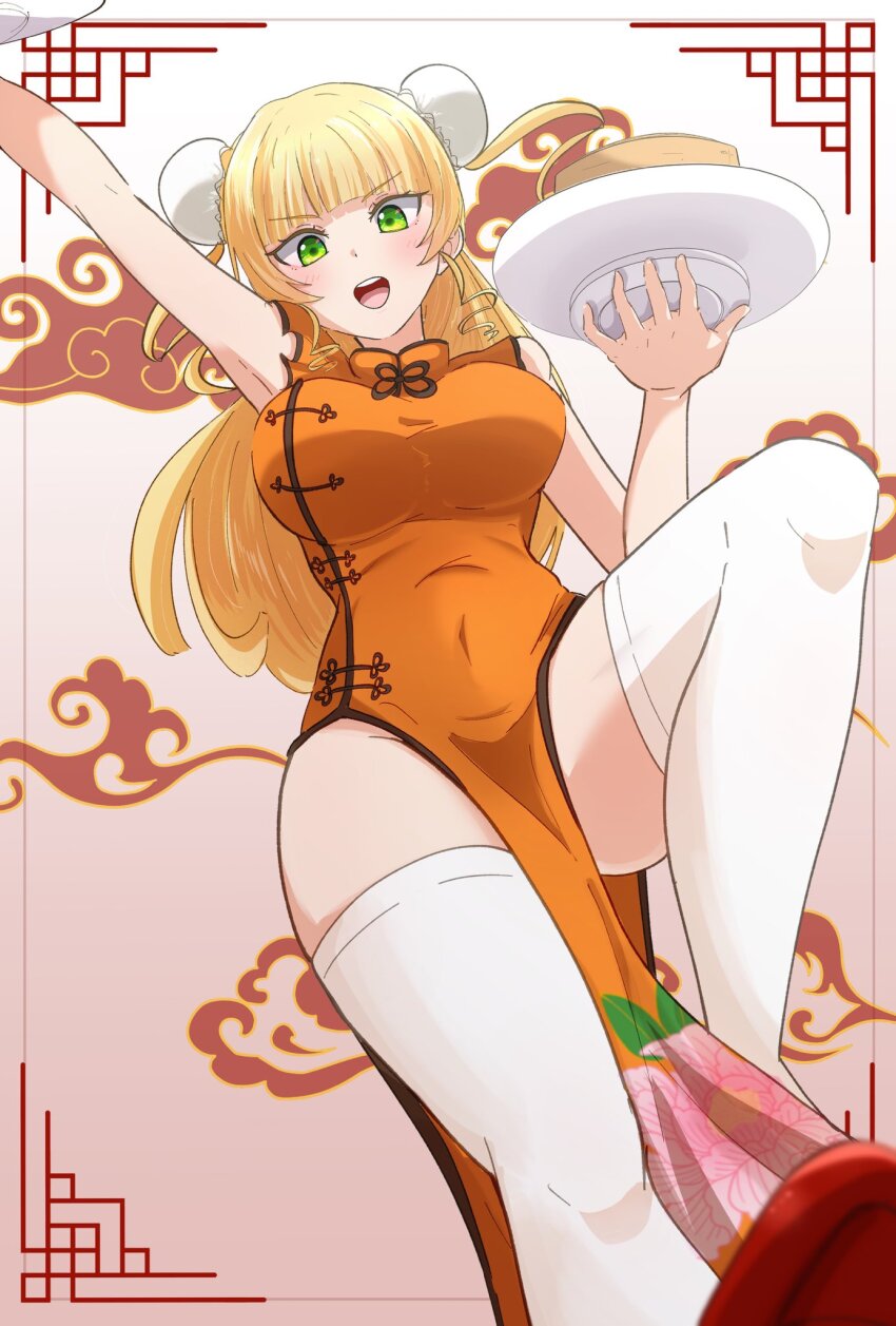 1girl :d bamboo_steamer blonde_hair blunt_bangs blush breasts bun_cover china_dress chinese_clothes chinese_commentary commentary_request covered_navel double_bun dress feet_out_of_frame gradient_background green_eyes hair_bun heanna_sumire highres holding holding_plate large_breasts long_hair looking_at_viewer love_live! love_live!_superstar!! mixed-language_commentary official_alternate_costume open_mouth orange_dress pelvic_curtain plate sleeveless sleeveless_dress smile solo thighhighs v-shaped_eyebrows white_thighhighs yunite68