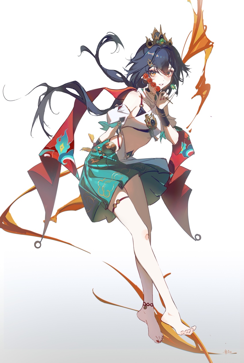 1girl absurdres anklet bare_shoulders barefoot blue_hair chinese_clothes chinese_commentary commentary dark_blue_hair detached_sleeves food full_body green_skirt hair_between_eyes hair_ornament hairclip headpiece highres holding holding_food honkai:_star_rail honkai_(series) jewelry leaning_forward long_hair looking_at_viewer low_twintails red_nails short_sleeves signature simple_background skirt solo stomach tanghulu twintails white_background yellow_eyes yunli_(honkai:_star_rail) yutou_(yutou75)