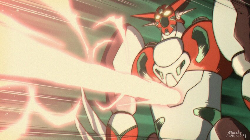 arm_blade armor energy_beam getter_beam getter_robo glowing glowing_eyes head_spikes highres laser mecha mecha_focus miroku_(miroku_t) multicolored_armor no_humans red_armor robot shin_getter-1 shin_getter_robo super_robot upper_body weapon white_armor yellow_eyes