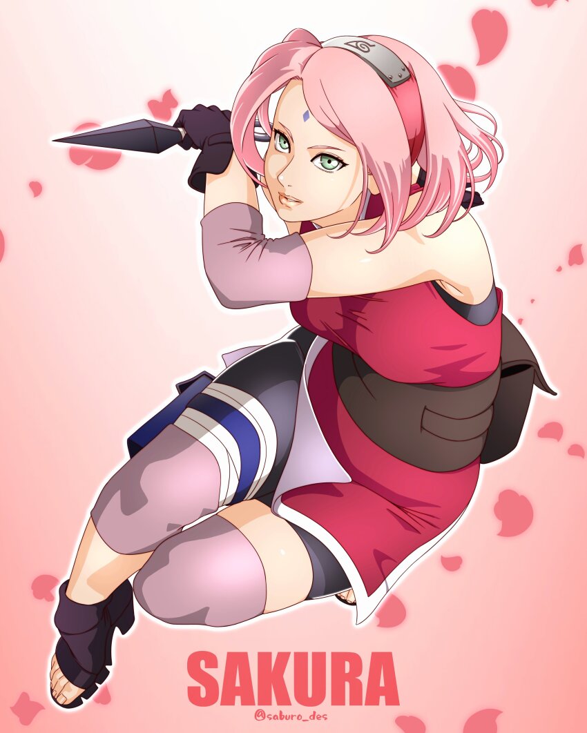 1girl absurdres ankle_boots belt bike_shorts black_gloves boots breasts character_name cherry_blossom_background dress elbow_gloves forehead forehead_protector full_body gloves green_eyes hairband haruno_sakura highres holding_kunai knee_pads konohagakure_symbol looking_at_viewer medium_breasts naruto_(series) naruto_shippuuden parted_bangs parted_lips pink_background pink_hair red_dress red_hairband saburo_des short_hair sleeveless sleeveless_dress toeless_footwear tsurime twitter_username utility_belt