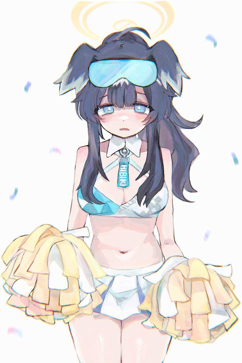 1girl ahoge animal_ears black_hair blue_archive blue_eyes blush bright_pupils character_name cheerleader commentary confetti d: dog_ears halo hibiki_(blue_archive) hibiki_(cheer_squad)_(blue_archive) highres holding holding_pom_poms millennium_cheerleader_outfit_(blue_archive) morita_(pixiv31883607) navel open_mouth pom_pom_(cheerleading) pom_poms sidelocks skirt solo stomach white_background white_pupils white_skirt yellow_halo