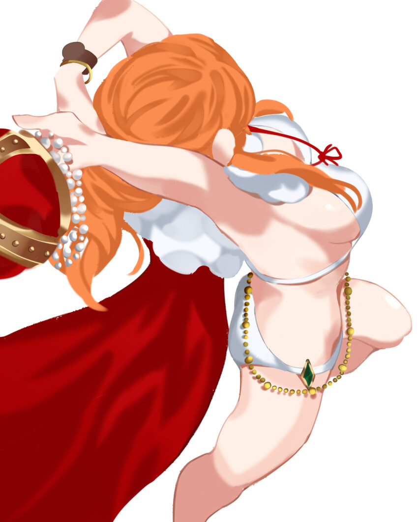 1girl arms_up bangle bare_legs beads bikini bracelet breasts cape crown foot_out_of_frame from_above halterneck highres holding holding_crown jewelry large_breasts long_hair nami_(one_piece) one_piece orange_hair pandar_op red_cape sideboob sidelocks solo standing standing_on_one_leg swimsuit wavy_hair white_background white_bikini