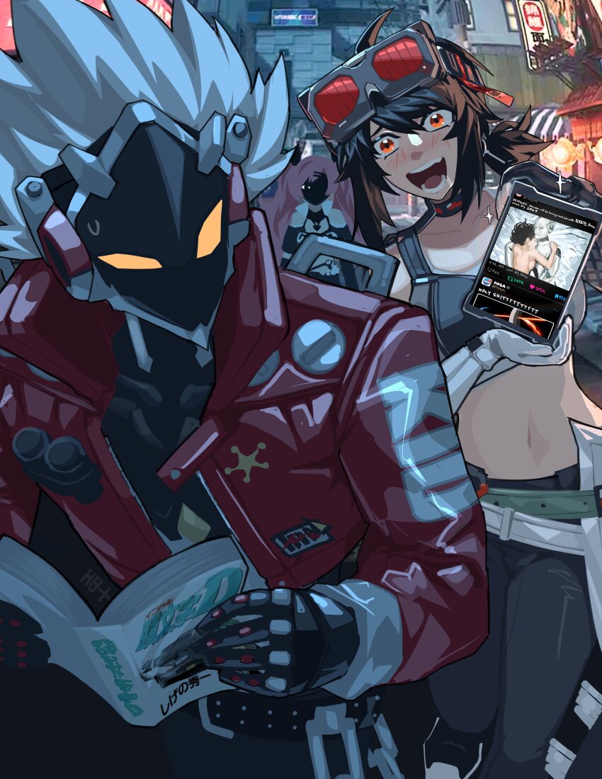 1boy 2girls absurdres billy_kid black_hair black_pants black_sports_bra blush book breasts cyborg drooling game_screenshot_background goggles goggles_on_head grace_howard heartbreak_juan highres holding holding_book holding_tablet_pc humanoid_robot jacket large_breasts midriff multiple_girls navel nicole_demara open_mouth pants pink_hair reading red_eyes red_jacket robot screenshot_background spiked_hair sports_bra stomach tablet_pc twitter white_hair zenless_zone_zero