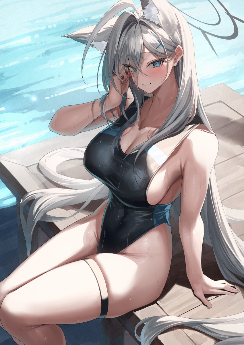 1girl absurdres ahoge animal_ear_fluff animal_ears bare_arms bare_shoulders black_one-piece_swimsuit blue_archive blue_eyes blush breasts closed_mouth cross_hair_ornament day feet_out_of_frame from_above grey_hair hair_between_eyes hair_ornament halo hand_in_own_hair highleg highleg_one-piece_swimsuit highres large_breasts long_hair looking_at_viewer looking_up one-piece_swimsuit outdoors shiroko_(blue_archive) shiroko_terror_(blue_archive) sitting skindentation smile solo swimsuit thigh_strap thighs very_long_hair water wet wolf_ears yamanokami_eaka