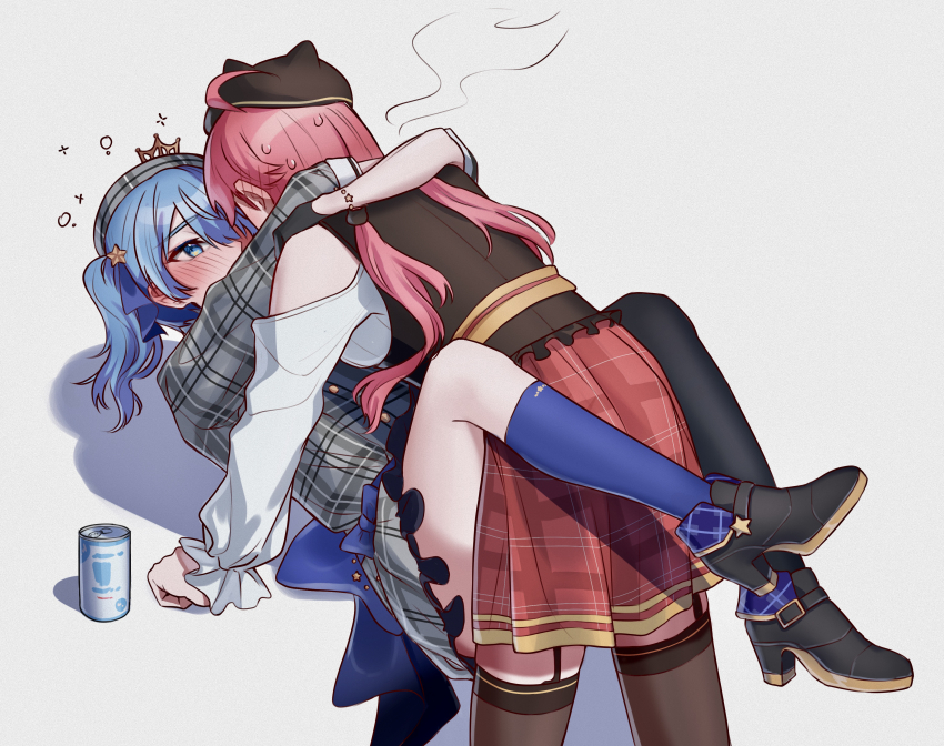 2girls absurdres ahoge asymmetrical_legwear beret blue_eyes blue_hair blush can clothing_cutout crown drink_can drunk hair_between_eyes hat highres hololive hoshimachi_suisei hoshimachi_suisei_(1st_costume) hug leg_up locked_arms mismatched_legwear multiple_girls pink_hair sakura_miko sakura_miko_(casual) shoulder_cutout sweat thighhighs virtual_youtuber yaki_cheese yuri