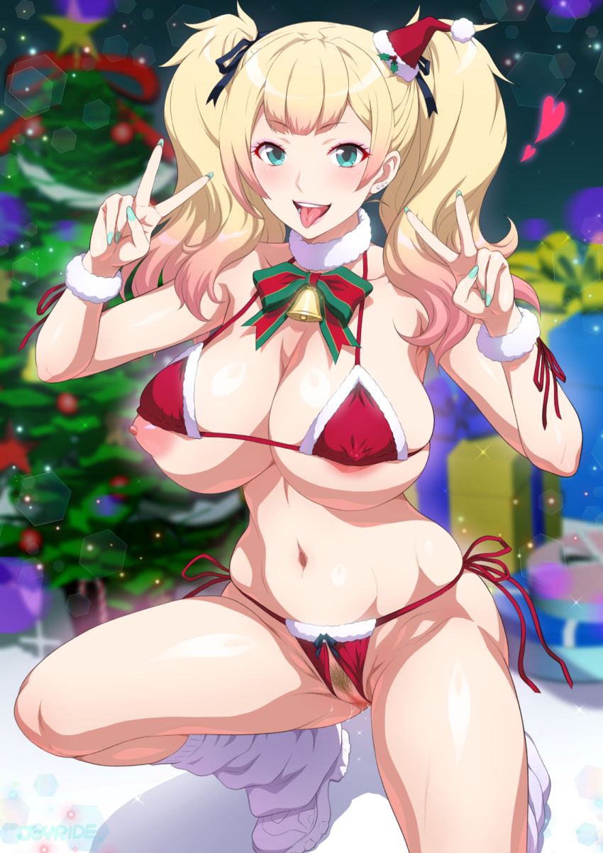 1girl aqua_eyes bell bikini box breasts censored christmas christmas_present christmas_tree crotchless crotchless_bikini earrings fur-trimmed_bikini fur-trimmed_headwear fur-trimmed_wrist_cuffs fur_trim gift gift_box gradient_hair gyaru halterneck hat heart highres holly huge_breasts jewelry jingle_bell jk_bitch_ni_shiboraretai joy_ride kneeling kogal long_hair loose_socks mini_hat mosaic_censoring multicolored_hair navel nipple_slip nipples open_mouth pussy red_bikini santa_bikini santa_hat side-tie_bikini_bottom skindentation smile socks solo swimsuit thighs tongue tongue_out twintails v white_socks yariko_(jk_bitch_ni_shiboraretai)