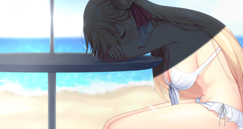 1girl agnes_claudel beach bikini blonde_hair blush braid braided_bun breasts cleavage closed_eyes day eiyuu_densetsu feet_out_of_frame frilled_bikini frills from_side front-tie_bikini_top front-tie_top hair_bun hair_ribbon hakuleg head_rest kuro_no_kiseki_(series) light_rays long_hair medium_breasts ocean official_alternate_costume outdoors profile red_ribbon ribbon shade side-tie_bikini_bottom sitting sleeping solo sunlight swimsuit white_bikini