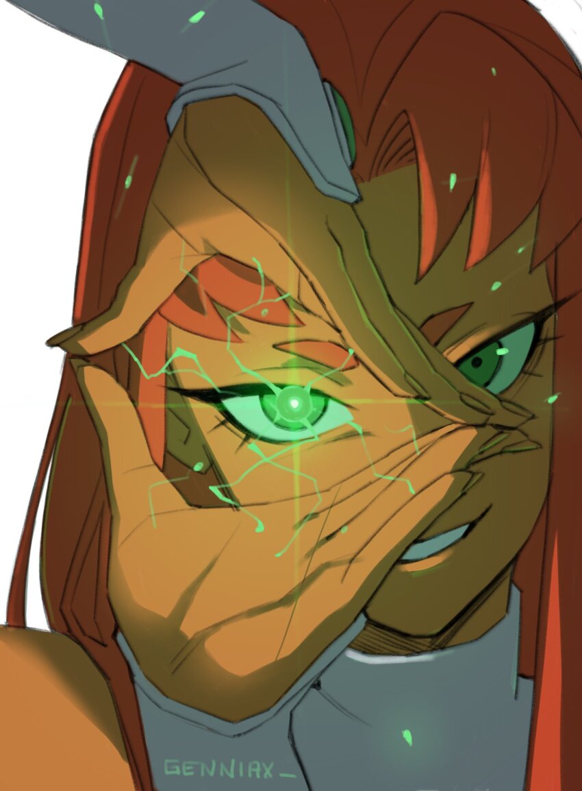 1girl artist_name colored_sclera commentary dc_comics english_commentary eye_focus genniax green_eyes green_sclera grin highres long_hair looking_at_viewer red_hair smile solo starfire tamaranean teen_titans teeth