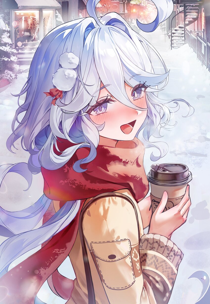 1girl absurdres alternate_costume blue_eyes blue_hair blush brown_jacket cowlick cup dasha disposable_cup drop-shaped_pupils furina_(genshin_impact) genshin_impact grey_hair hashtag-only_commentary heterochromia highres holding holding_cup jacket light_blue_hair long_hair looking_at_viewer looking_back open_mouth outdoors red_scarf scarf snow solo symbol-shaped_pupils upper_body wavy_hair winter