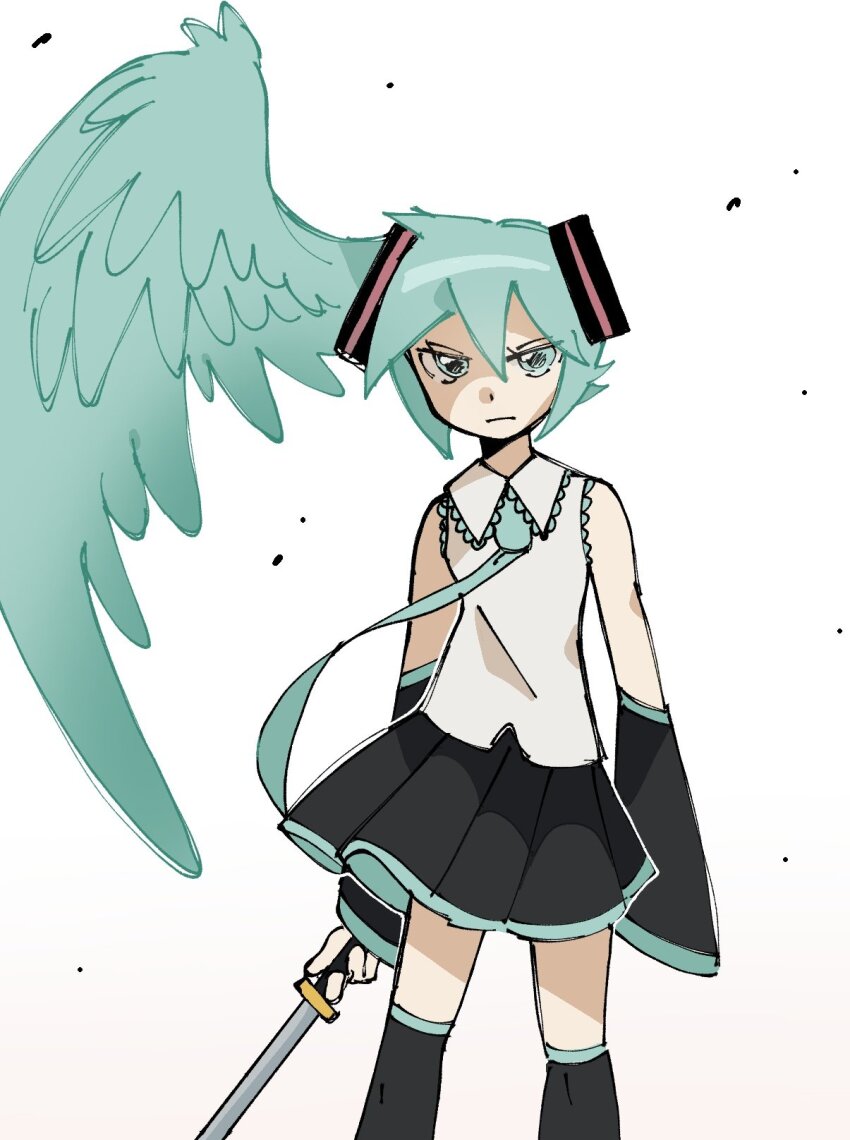 1girl alternate_hairstyle aqua_eyes aqua_hair aqua_necktie black_skirt black_sleeves black_thighhighs closed_mouth collared_shirt commentary detached_sleeves english_commentary feathered_wings feet_out_of_frame hair_between_eyes hair_ornament hatsune_miku head_wings highres holding holding_sword holding_weapon koasku long_hair long_sleeves looking_at_viewer miniskirt necktie pleated_skirt serious shirt sidelocks simple_background skirt sleeveless sleeveless_shirt solo standing sword thighhighs very_long_hair vocaloid weapon white_background white_shirt wings