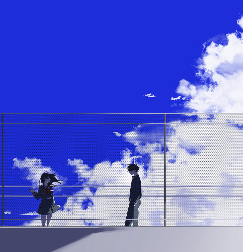 1boy 1girl bacon_(cnzxvy) blue_sky brown_hair chain-link_fence closed_mouth cloud commentary english_commentary fence floating_clothes floating_hair hands_in_pockets highres kuroba_kaito long_hair looking_at_another looking_to_the_side magic_kaito nakamori_aoko on_rooftop pleated_skirt school_uniform short_hair skirt sky