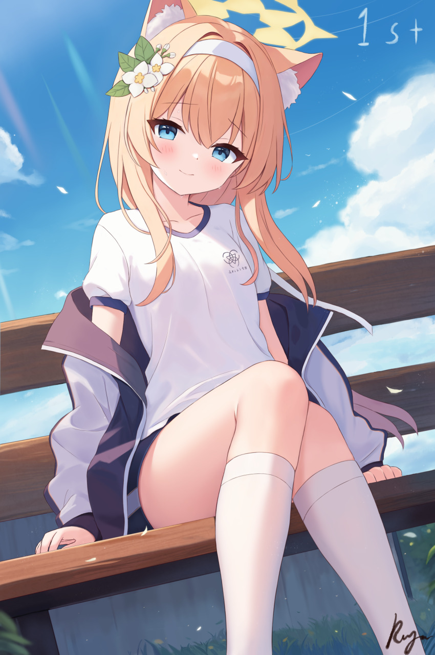 1girl absurdres animal_ear_fluff animal_ears bench black_shorts blue_archive blue_eyes blue_sky blush breasts cat_ears closed_mouth clothes_writing cloud cloudy_sky day double-parted_bangs flower grass gym_shorts gym_uniform hair_between_eyes hair_flower hair_ornament hairband halo highres horizon jacket kneehighs leaf_hair_ornament lens_flare light_rays light_smile long_hair looking_at_viewer mari_(blue_archive) mari_(track)_(blue_archive) off_shoulder official_alternate_costume on_bench open_clothes open_jacket outdoors pier shirt short_shorts shorts sitting sky sleeves_past_wrists small_breasts smile socks solo sunlight water white_shirt yellow_halo zhuan_yan_ruyan