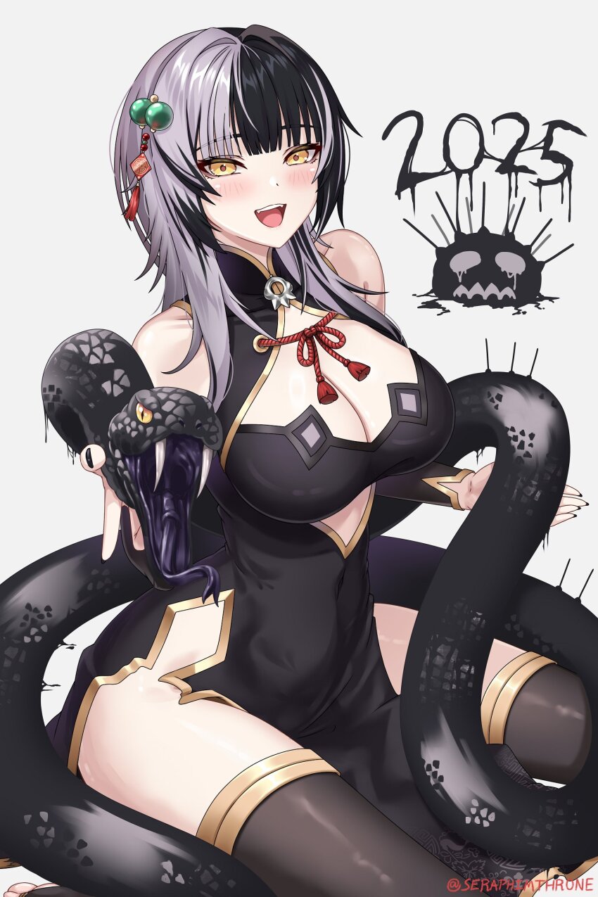 1girl 2025 animal black_choker black_dress black_hair black_nails black_snake breasts china_dress chinese_clothes chinese_zodiac choker cleavage cleavage_cutout clothing_cutout dress grey_hair hair_ornament happy_new_year highres holding hololive hololive_english large_breasts long_hair looking_at_viewer multicolored_hair new_year open_mouth pelvic_curtain seraphim_throne shiori_novella side_slit sleeveless sleeveless_dress smile snake split-color_hair two-tone_hair virtual_youtuber year_of_the_snake yellow_eyes yorick_(shiori_novella)