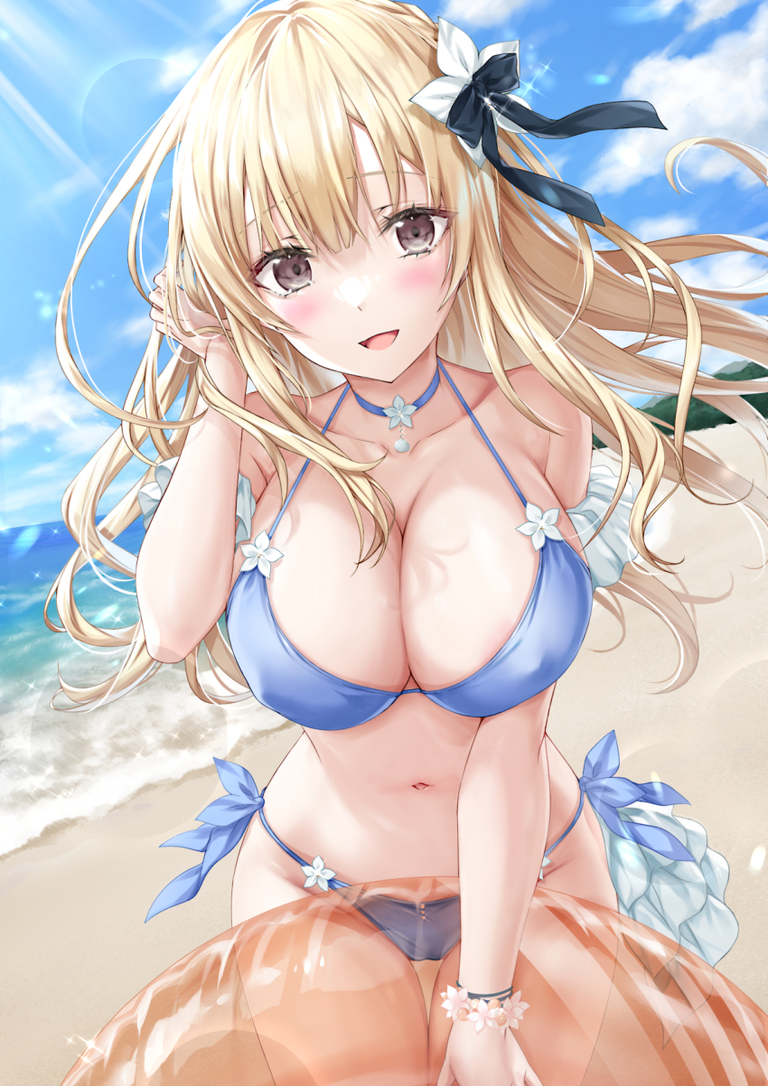 1girl :d beach bikini blonde_hair blue_bikini blue_choker blue_sky blush breasts brown_eyes choker cleavage collarbone commentary_request day floating_hair flower hair_flower hair_ornament hair_ribbon hand_in_own_hair highres innertube kyariko large_breasts looking_at_viewer navel ocean open_mouth orange_innertube original outdoors ribbon sky smile solo standing swim_ring swimsuit thigh_gap white_flower