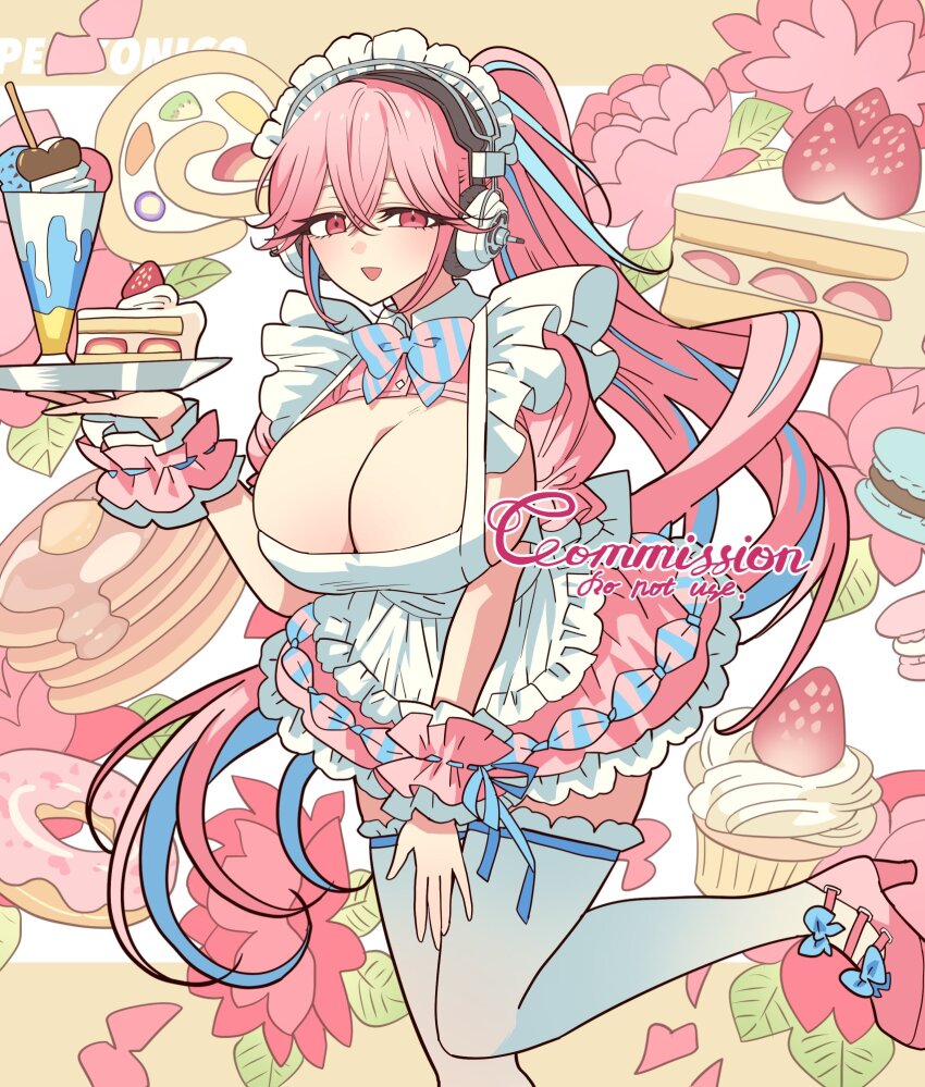 1girl apron bad_id bad_twitter_id blush breasts cake cleavage commission cupcake doughnut dress flower food food-themed_background frilled_apron frilled_dress frills fruit hair_between_eyes headphones highres holding holding_tray huge_breasts long_hair looking_at_viewer maid maid_headdress meremero nitroplus open_mouth pancake pancake_stack parfait pink_dress pink_eyes pink_flower pink_footwear pink_hair shoes smile solo standing standing_on_one_leg strawberry strawberry_shortcake super_sonico swiss_roll thighhighs tray very_long_hair white_apron white_thighhighs wrist_cuffs