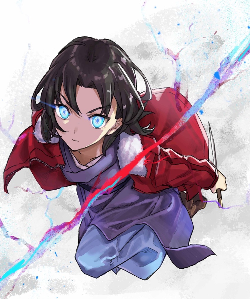 1girl bad_id bad_pixiv_id black_hair blue_eyes female_focus highres holding holding_knife jacket japanese_clothes kara_no_kyoukai kimono knife looking_at_viewer nari ryougi_shiki solo teshima_nari