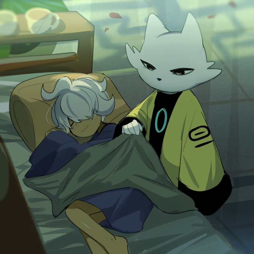 2boys cat_boy chinese_clothes closed_eyes closed_mouth furry furry_male grey_hair hair_over_one_eye highres indoors loose_hair_strand lying male_focus multiple_boys nine_sols on_bed on_side shuanshuan_(nine_sols) sleeping smile standing suikaels white_fur wide_sleeves yi_(nine_sols)