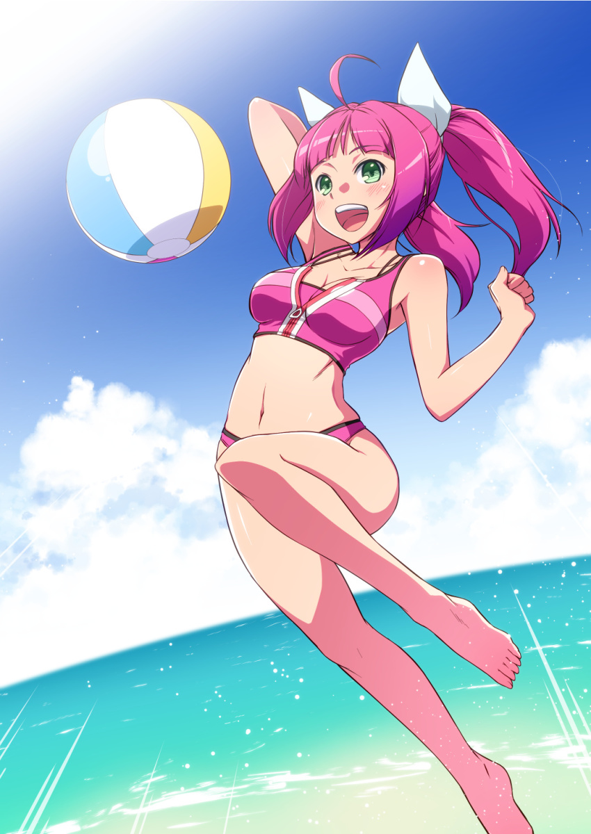 00s 1girl :d ahoge bad_id bad_pixiv_id ball barefoot beach beachball bikini cloud day feet female_focus green_eyes highres jumping light long_hair navel ocean open_mouth outdoors pink_bikini pink_eyes pink_hair ryo-ma sky smile solo swimsuit toes umi_monogatari urin_(umi_monogatari) water